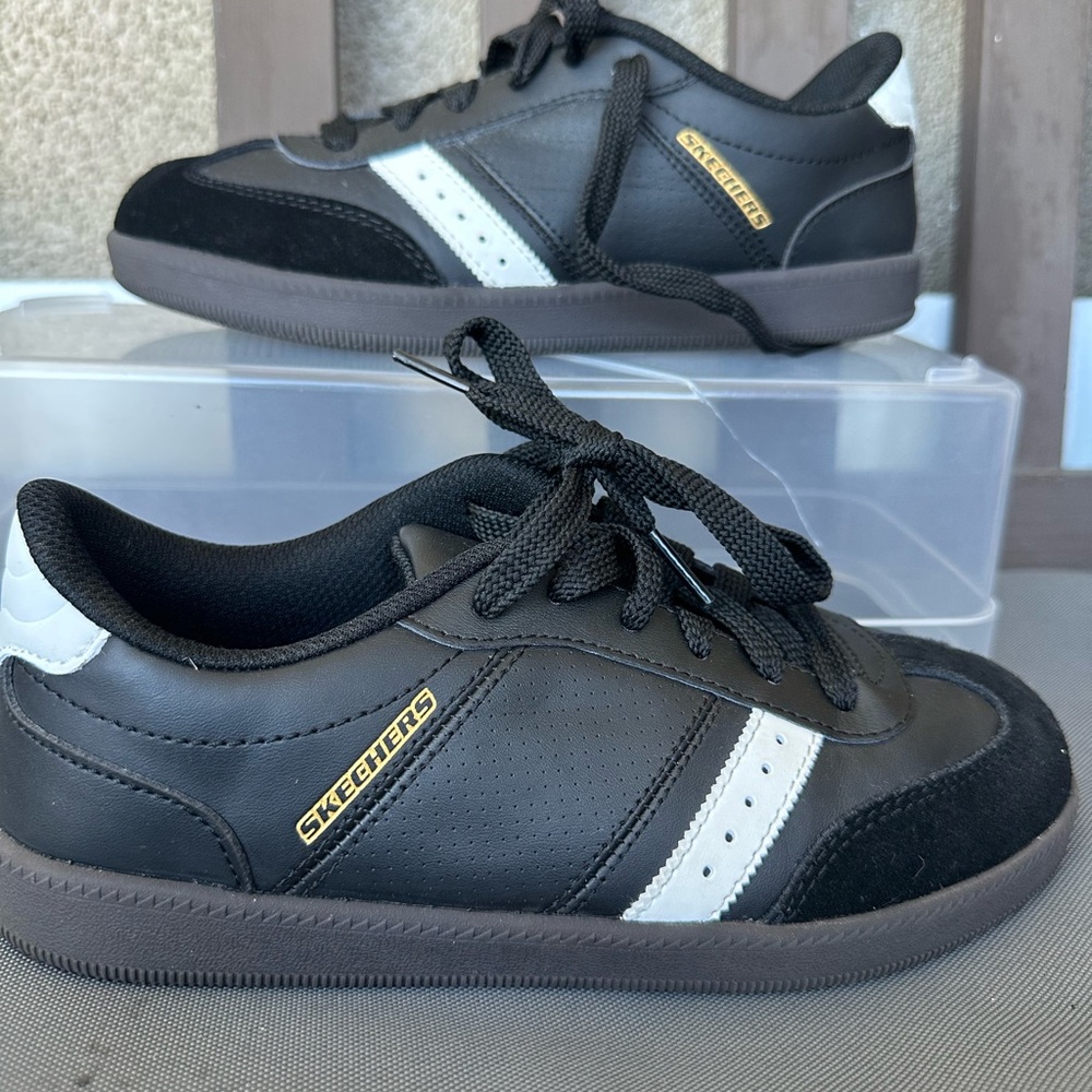 Skechers Kids Black and White Sneakers with Gold Accents